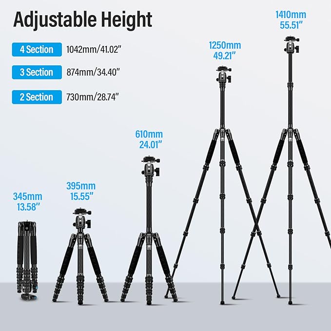 SIRUI 52" Carbon Fiber Travel Tripod, Compact Lightweight Camera Tripod, 360° Ball Head Detachable, Load 10kg/22lbs, Folded Height 13" (Traveler 5CX)