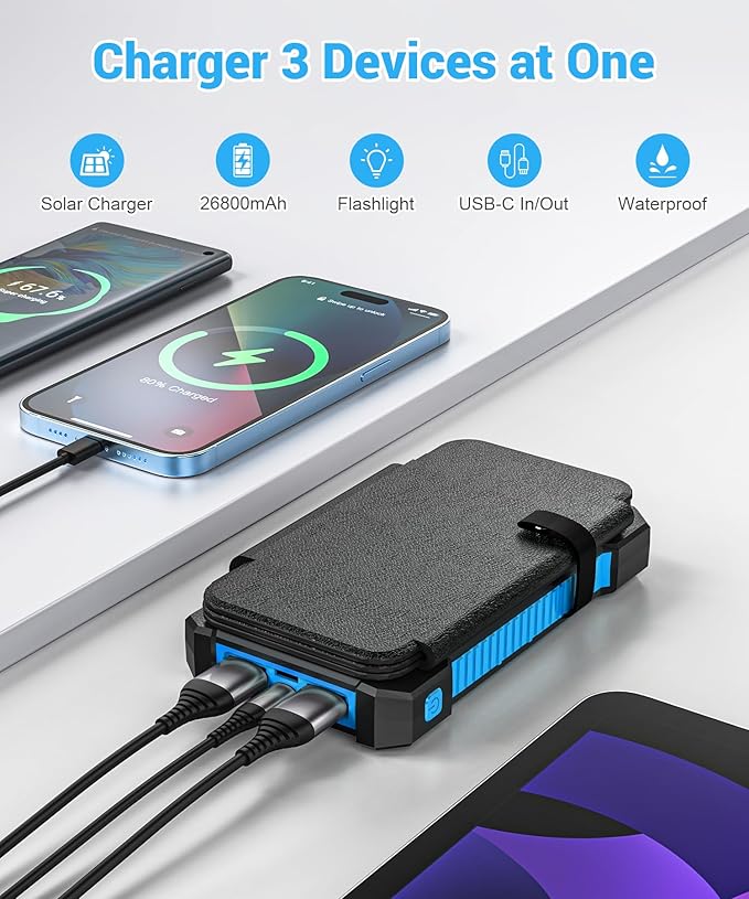 Solar Power Bank 38800mAh with 4 Solar Panels, Portable Charger USB C 18W Fast Charge for iPhone Samsung, IP67 Waterproof Outdoor External Battery Pack with Flashlight Light/SOS/Strobe