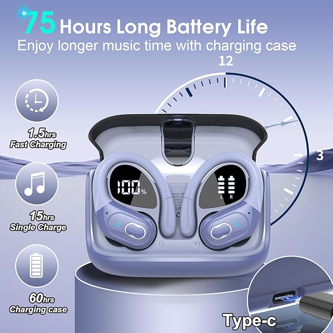 Wireless Earbuds 75hrs Bluetooth 5.4 Headphone Sport, 2025 Bluetooth Earbuds Stereo Deep Bass Over Ear Bud with Earhooks, ENC Noise Cancelling Mic, IPX7 Waterproof Earphone, Purple Blue