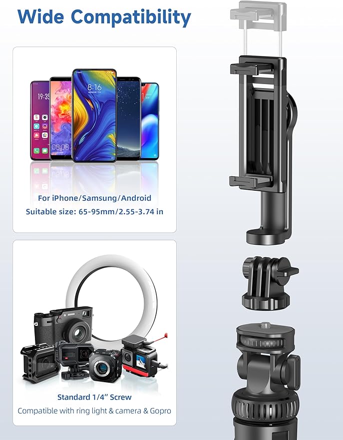 75" Phone Tripod, Selfie Stick with Remote and Phone Holder, Extendable Tripod for iPhone, Aluminum Cellphone TripodStand 360° Rotation Travel Tripods Compatible with iPhone Android, GoPro