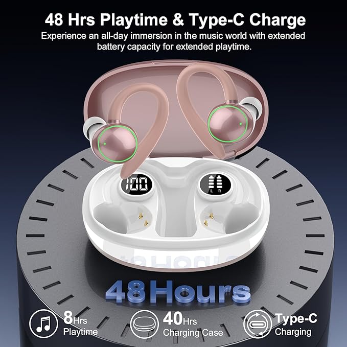 Wireless Earbuds, Bluetooth 5.3 Headphones Sport, Over Ear Buds With ENC Noise Cancelling Mic, 48H, Wireless Earphone With Earhooks, Stereo Deep Bass, IP7 Ear Buds for Workout Running, Rose Gold