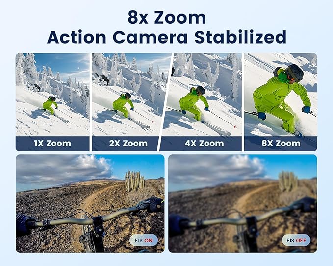 4K 60FPS Action Camera with 64GB Card-48MP Waterproof Camera,40M Underwater Camera,8X Zoom,EIS Stabilization,WiFi,Remote Control,MotorcycleCamera with 2 Rechargeable Batteries