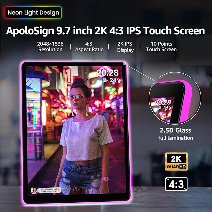 Apolosign 10" Neon Light Digital Frame, 2K Resolution, The Best Digital Picture Frame for Gifting | with 2.5D Glass IPS Touchscreen, WiFi, 32GB Storage, Warm Ambient & Auto Color Transformation LED