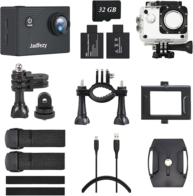 Action Camera FHD 1080P with 32GB Card, 98FT/30M Underwater Waterproof Camera with 2 Rechargeable Batteries, Wide Angle Sports Camera with Accessories Kit Suitable for Helmet, Bicycle, etc.