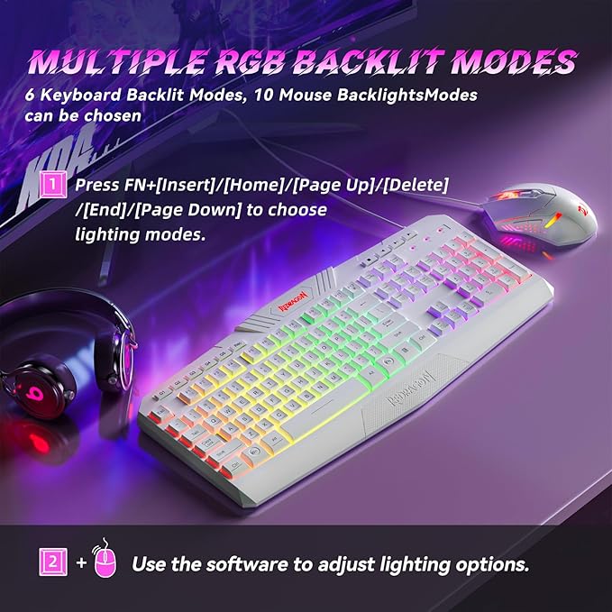 Redragon Updated Programmable Gaming Keyboard and Mouse, RGB Backlit Keyboard Mouse with Software, Independent Macro Record Keys, Value Combo Set, White - S101-3 PRO