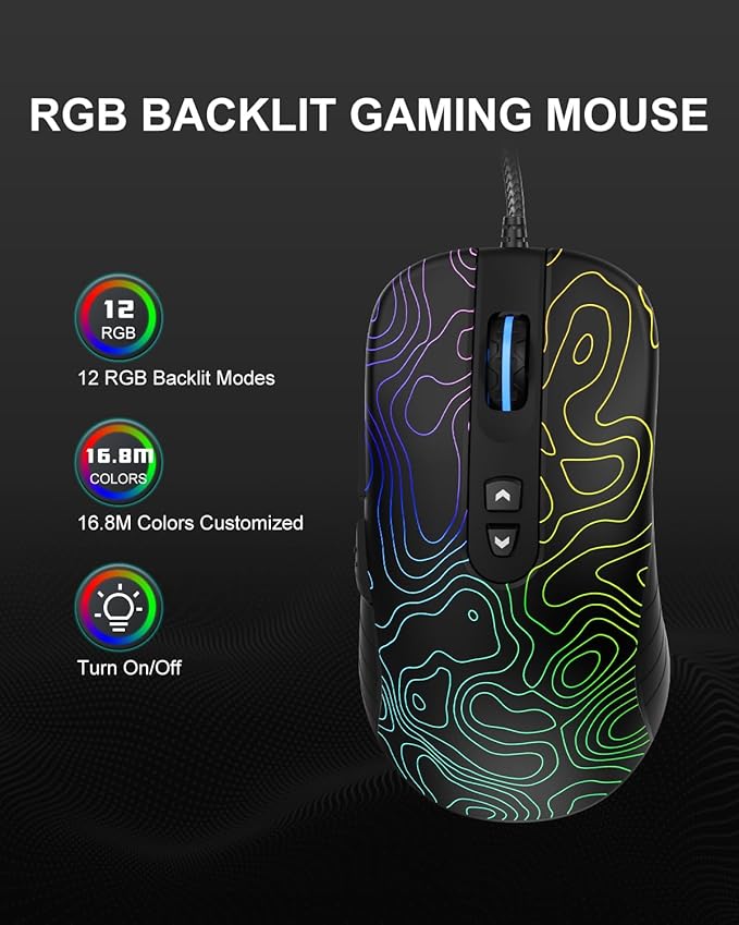 Womier G705 USB Wired Gaming Mouse for PC Computer Windows Mac Laptop, Lightweight Silent RGB Backlit Mouse with Adjustable 12000DPI/7 Programmable Side Buttons,Kanagawa Theme (Black Topographic)