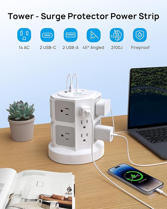 TROND Tower Surge Protector Power Strip with 14 Widely Spaced Outlets, 4 USB Ports(2 USB C), 2100J Surge Protection, 6 Feet Extension Cord with Multiple Outlets, Office Desk Supplies, Dorm Essentials