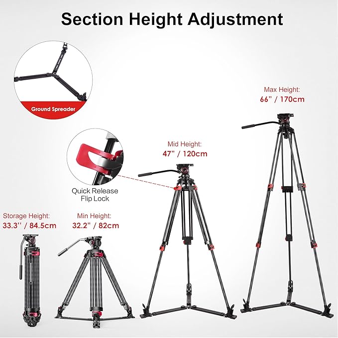 miliboo MTT609B Carbon Fiber Tripod Professional Tripods with Infinitely Damped Head,Video Tripod for Photography, Live Streaming, Videography,Working Height 33.5''-66'',33lbs Max Load,Customizable