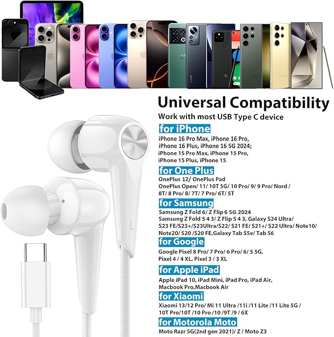 USB C Earbuds with Mic for iPhone 17 16e 16 15, Type C in-Ear Wired Headphones Volume Control Noise Isolation Sport Headset for iPad Air Pro Samsung Fold 6 Galaxy S25 S24 S23 Oneplus 13 12 Pixel 8 7