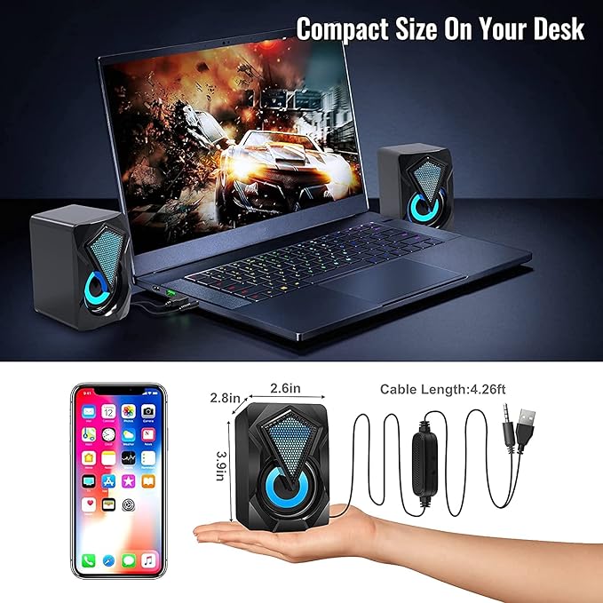 NJSJ Computer Speakers with Colorful RGB Lights, USB Powered 3.5mm Aux- in Mini PC Speakers, Crystal Sound Portable Speaker for Desktop Laptop Monitor Black