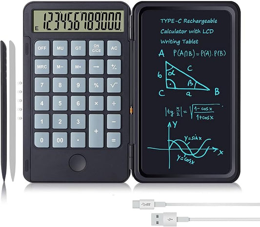 Hion Calculators,12-Digit Large Display Rechargeable Pocket Office Desktop Calculator with Erasable Wiriting Tablet,Mute Basic Desk Calculators with Doodle Pad for Student Home School,Black