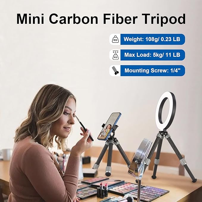 Carbon Fiber Small Tabletop Travel Tripod, Weight 108g/0.23lb, Maxload 5kg/11lb, Lightweight Tripod Stand, 1/4" Inch Screw, for Camera/Phone Holder/Projector/Live Stream Light (MT-02CL)