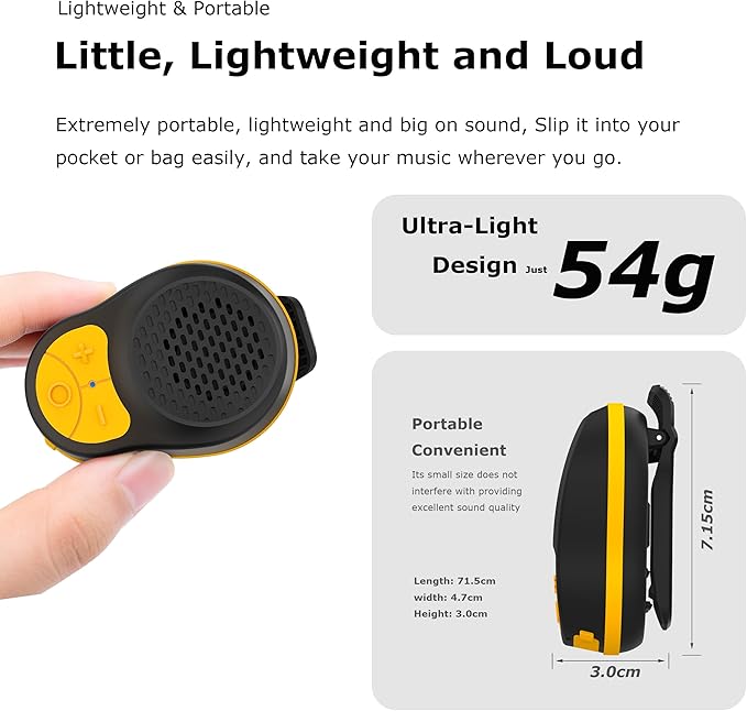Wearable Bluetooth Speaker Clip On, Small Portable Speaker, Waterproof Bluetooth Mini Speaker with Microphone for Workout Running Up to 24H Playtime(Black+Orange)