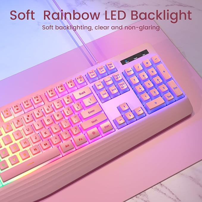 Pink Creamy Keyboard, Rainbow LED Backlit, 104 Keys Silent Light Up Gaming Keyboard with Wrist Rest, PBT Keycap, Anti-ghosting, Waterproof USB Wired Computer Keyboard for PC Mac Xbox