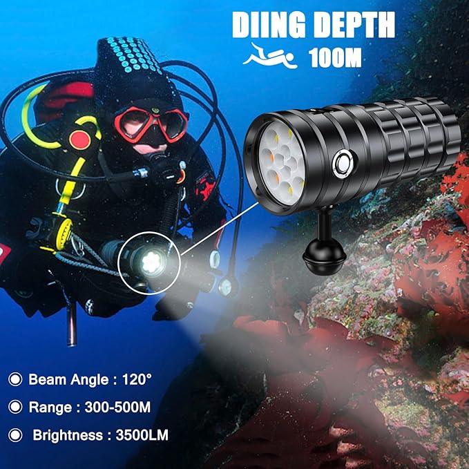 Dive Light for Underwater Photography, 5000Lumens Super Bright Diving Flashlight, 100M Waterproof Underwater Video Light with Type-C Charging, Professional for Underwater Lighting