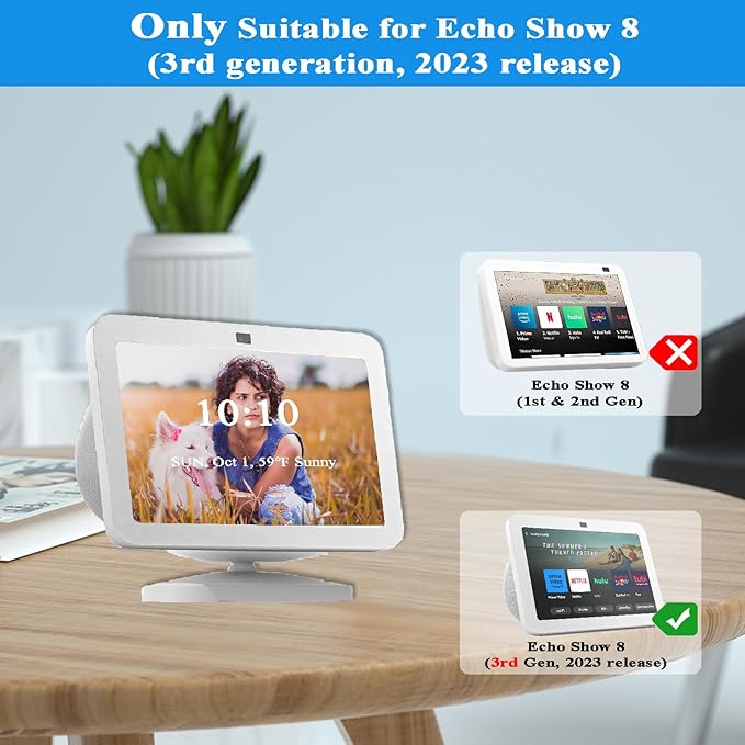 Adjustable Stand for All-new Echo Show 8 (3rd Gen, 2023 release), Smart Display Magnetic Stand Mount Compatible with Echo Show 8 (3rd Gen), with 360 Degree Rotation Tilt and Anti-Slip Base (White)