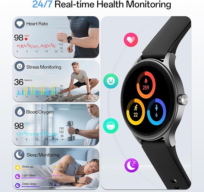 Smart Watches for Men Women,1.27" HD Touchscreen SmartWatch(2 Bands) with Bluetooth Calls (Make/Answer),Fitness Tracker with Heart Rate/Sp02/Sleep Monitor,110+ Sport Modes (Black, 1.27)