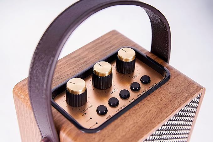 Fuse Andle Vintage Retro Bluetooth Speaker with Vegan Leather Handle | Portable Speaker with Smartphone Connection | USB & AUX Input | Stylish Brown Wood Exterior