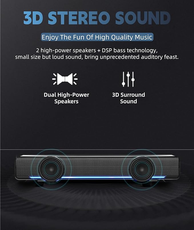 Soundbar,USB Wired SoundBar,Music Player with Bass Surround,Stereo USB Powered Mini Soundbar Speakers with 3.5mm Input for PC Tablets Laptop Desktop Projector Cellphone for Home Theater(Black)