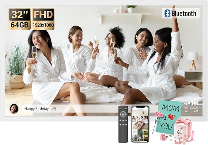 BSIMB Large Digital Picture Frame 32 Inch, 64GB 1920x1080 FHD WiFi Digital Photo Frame Electronic Display, Wall Mount Included, Share Pictures/Videos via App Easy Setup Gifts for Mom(Non-Touch), White