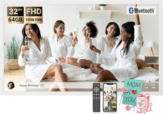 BSIMB Large Digital Picture Frame 32 Inch, 64GB 1920x1080 FHD WiFi Digital Photo Frame Electronic Display, Wall Mount Included, Share Pictures/Videos via App Easy Setup Gifts for Mom(Non-Touch), White