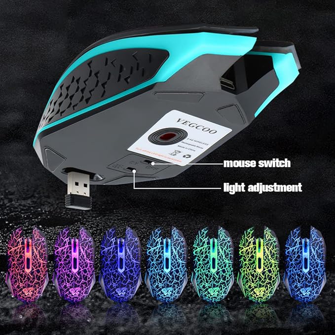 VEGCOO C10 Wireless Gaming Mouse Rechargeable Silent Optical Mice 7 Colors LED Lights, 7 Buttons 2400/1600/800DPI (Black)