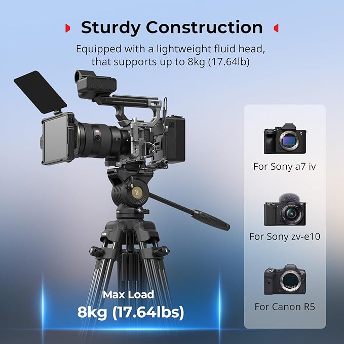SMALLRIG 73''/186cm Heavy Duty Aluminum Alloy Video Tripod, Max Load 8kg (18lbs), Fluid Head with +85° to -78 Tilt Range, Compact Travel Tripod Weight 3.1kg(6.8lbs), Folded Height 88cm, AD-14-5440