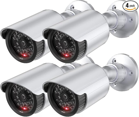 WALI Dummy Fake Simulated Surveillance Security CCTV Dome Camera Indoor Outdoor with One LED Light, Warning Security Alert Sticker Decal (TC-S4), 4 Packs, Silver