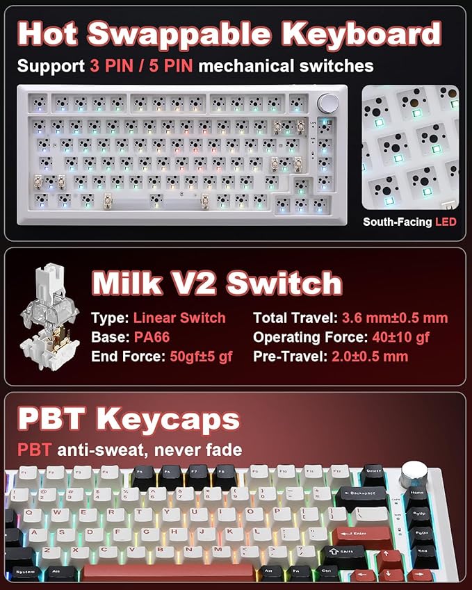 Y75 Wireless Mechanical Keyboard,75% Hot Swappable Custom Keyboard with Knob,RGB Backlit, PBT Keycaps,2.4GHz/USB-C/BT5.0 Mechanical Gaming Keyboards(White&Red,Milk Switch)