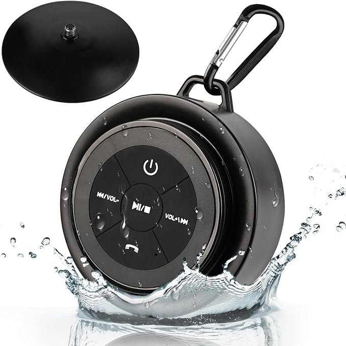 Shower Speaker Bluetooth Waterproof, Portable Mini Bluetooth Shower Speakers Waterproof with Suction Up and Clip, IPX7 Waterproof Floating Bathroom Speaker for Pool Beach Kayak, Beach Gifts（Black