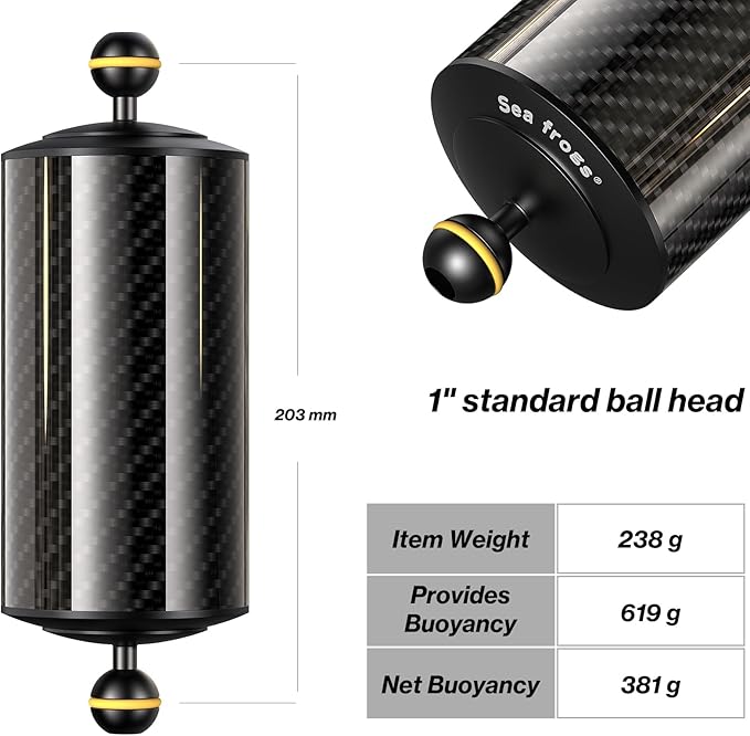 Sea frogs Carbon Fiber Float Arm D80mm, 8'', for Ultralight, Aquatic Arm, Buoyancy Provided 600g, Underwater Camera System Diving Tray Video Light/Strobe GA-10