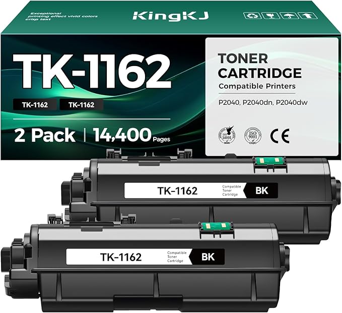 TK-1162 TK1162 Toner Cartridge 2-Pack High Yield with Chip Replacement for Kyocera TK-1162 1T02RY0US0 Compatible with ECOSYS P2040 P2040dn P2040dw Laser Printers Toner Kit, 7,200 Pages Monochrome Ink
