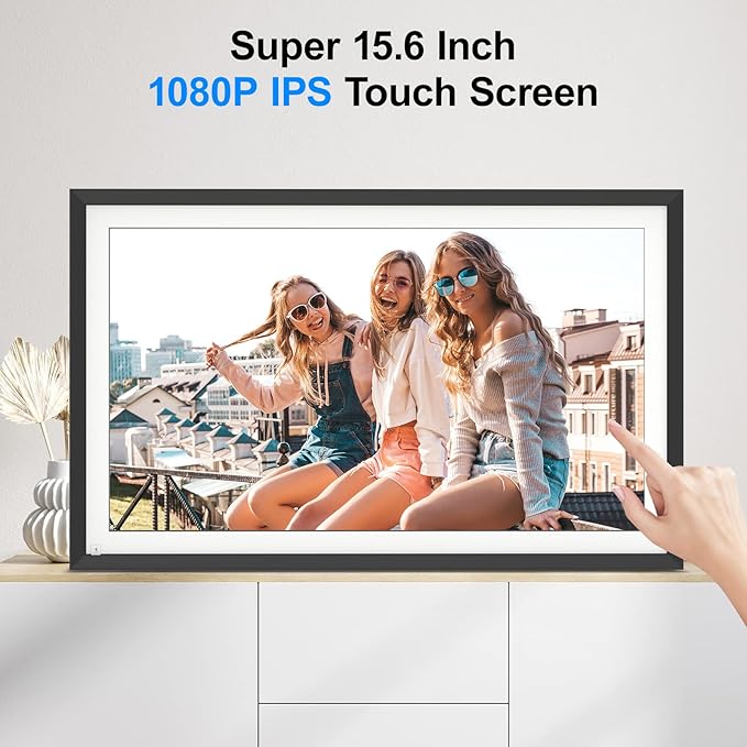 Large Digital Picture Frame 15.6” Smart photo frame - 2.4&5G Wi-Fi picture frame 1920*1080 IPS Touch Screen, 32GB, Wall Mountable, Remote Control, Share Photo Video Via App, Email, Free Cloud Storage