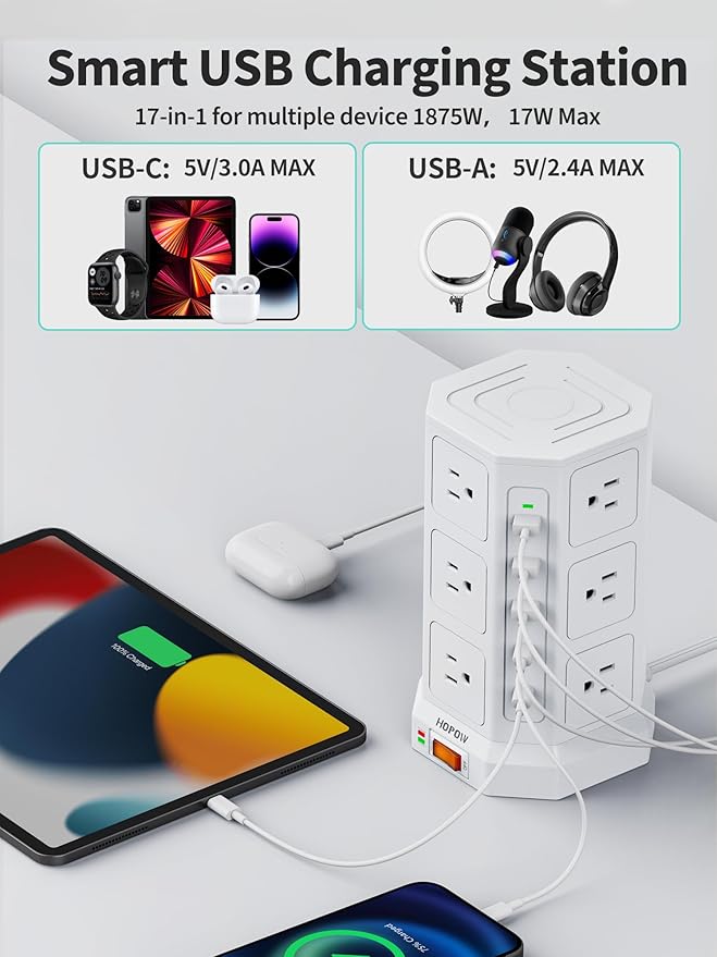 Surge Protector Power Strip - 12 AC Outlets & 5 USB (2 USB C), 1875W/15A, 1700J Surge Protector Tower, Extension Cord with Multiple Outlets, 6.5FT Charging Station for Home Office Dorm