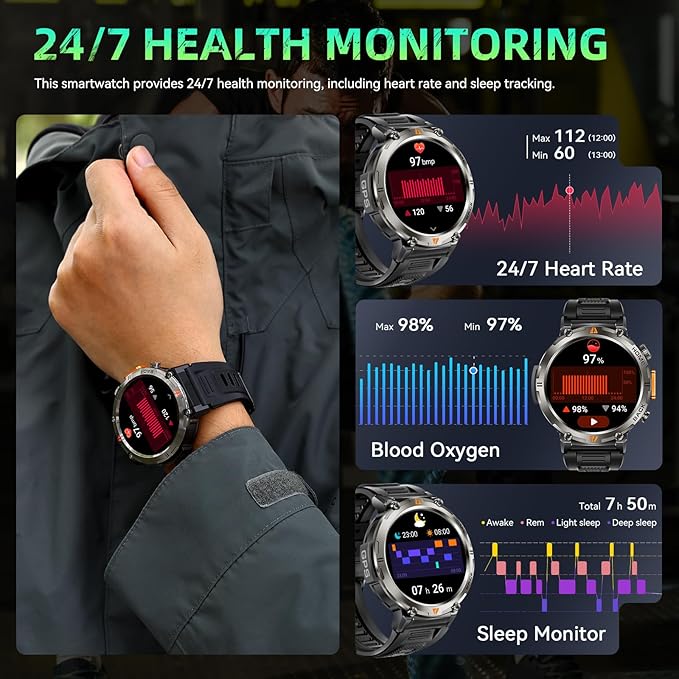 Military Smart Watches for Men Built-in GPS 3ATM Waterproof with Call/LED Flashlight, 1.45" Rugged Tactical Smartwatch with Compass, Fitness Tracker with HR/SPO2/Sleep Monitor for iPhone Android