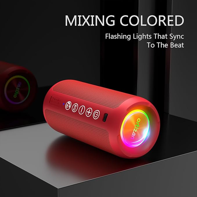 Ortizan Portable Bluetooth Speaker: IPX7 Waterproof, 24W Loud Sound, Deep Bass, Bluetooth 5.3, LED Lights, Wireless Stereo Pairing, 30H Playtime, for Home/Outdoor/Party/Beach, Birthday Gift (Red)