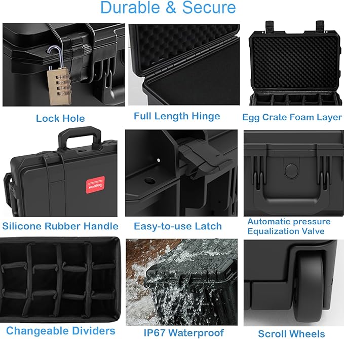 Waterproof Travel Camera Hard Case with Padded Divider, 22 x 14 x 10 Inch, Rolling Case for Camera, Gear, Equipment, Dustproof, Shockproof,Airline Carry-On Approved, Inner 19.8"x 10.9" x 6.8"