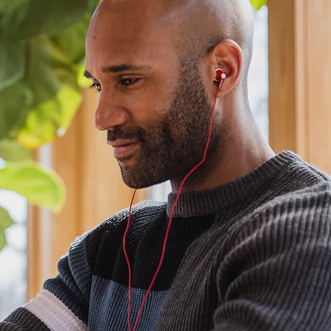Panasonic ErgoFit Wired Earbuds, 3.5mm Jack In-Ear Headphones Wired with Dynamic Crystal-Clear Sound and Ultra Soft Ergonomic Custom-Fit Earpieces (S/M/L), for Phones and Laptops - RP-HJE120-R (Red)