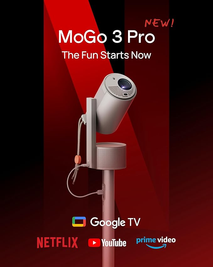 XGIMI MoGo 3 Pro NEW Outdoor Projector with PowerBase Stand, 2.5hrs Battery, Google TV with Licensed Netflix, Build-in Adjustable Stand, 450 ISO Lumens, ISA 2.0, 2 x 5W Harman Kardon