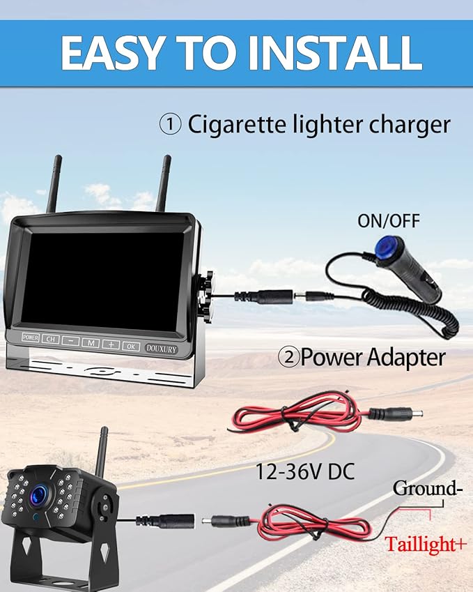 Wireless RV Backup Camera, DOUXURY IP69 Waterproof 170° Wide View Angle HD 1080P Rear View Camera + HD LCD 7" Monitor, Digital Wireless Camera System for RV Truck 5th Wheel Trailer Pickup Camper Bus