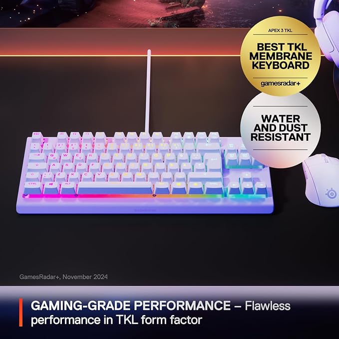 SteelSeries Apex 3 TKL Lavender RGB Gaming Keyboard — Tenkeyless Compact Form Factor — 8-Zone RGB Illumination — Water and Dust Resistant — Whisper-Quiet Gaming Switch