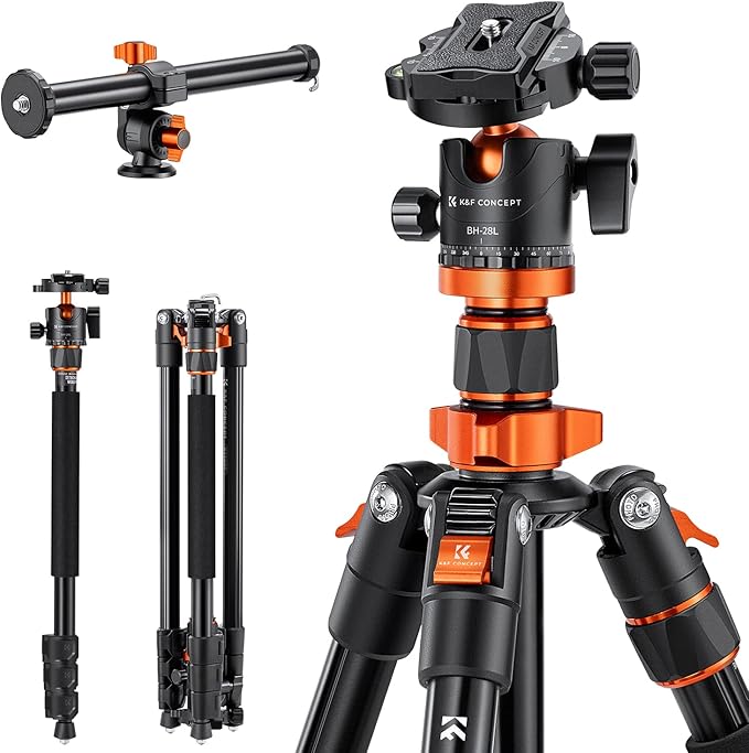 K&F CONCEPT 78 inch DSLR Camera Tripods with Magnesium Alloy Rotatable Multi-Angle Center Column,Load Capacity up to 22lbs/10kg K234A7+BH-28L+Extension Arm Kits