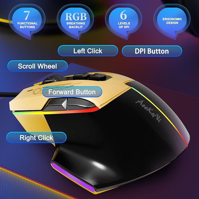 Gaming Mouse, Wired Gaming Mouse with RGB Backlit, 7200DPI Adjustable, PC Gaming Mice with 7 rogrammable Macro Buttonsg, Ergonomic Mouse Gamer for PC, Desktop, Mac，Laptop, Chromebook.