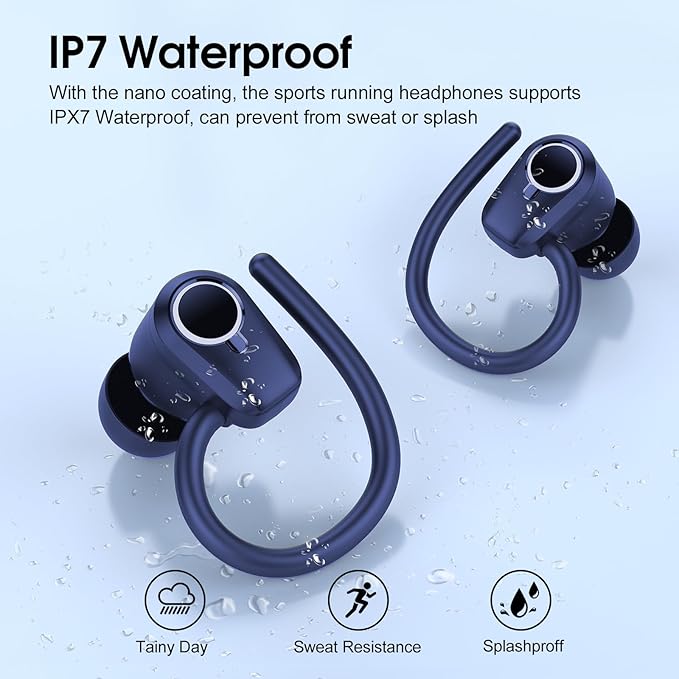 Wireless Earbuds,50H Stereo Ear Buds Dual LED Display, Bluetooth 5.3 Headphones Sport, 2025 Bluetooth Earbuds with 4 ENC Noise Canceling Mic, IP7 Waterproof Earphones with Earhooks for Running, Navy