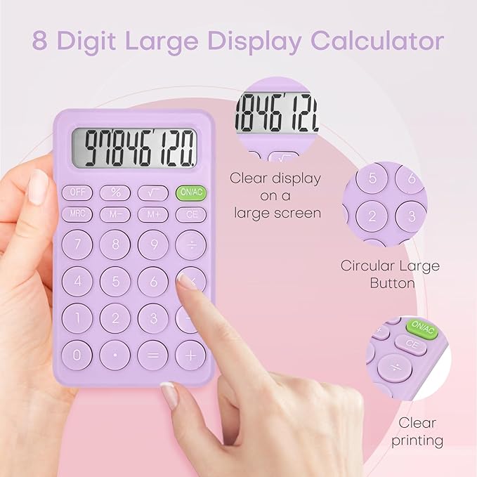 Cute Purple 8-Digit LCD Calculator, Basic Four Function for Teachers, Students & Office, Small & Sensitive, 5.5x3.2 Inches