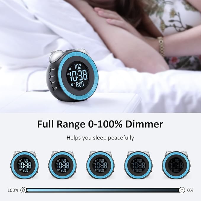 uscce Loud Dual Alarm Clock with Bed Shaker - 0-100% Dimmer, Vibrating Alarm Clock for Heavy Sleepers or Hearing Impaired, Easy to Set, USB Charging Port, Snooze, Battery Backup (Blue)