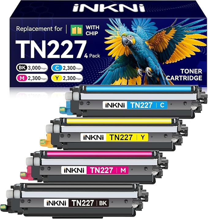 TN227 high yield toner cartridge 4 pack(with chip) Compatible Replacement for brother tn227 tn227bk tn223 tn-227 tn-227bk toner for HL-L3270CDW MFC-L3770CDW MFC-L3710CW HL-L3290CDW MFC-L3750CDW Prints