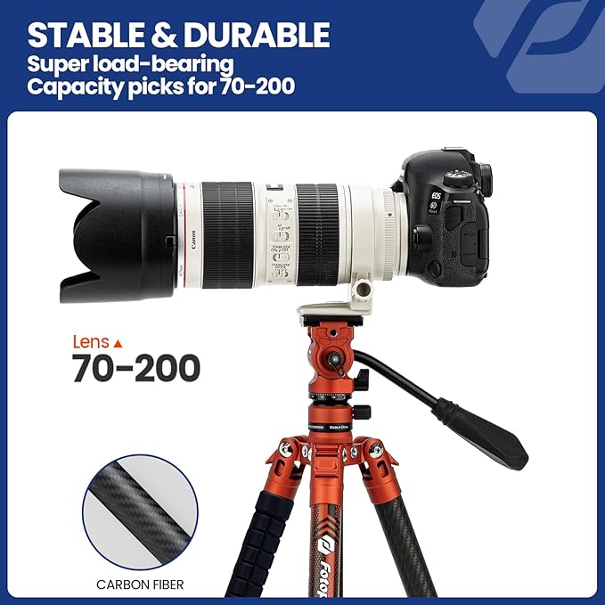 Fotopro Carbon Fiber Tripod 2.3lbs Ultralight 62 Inch Portable Travel Video Tripod for Camera DSLR Load up to 22lbs X-Aircross 3 Video Orange