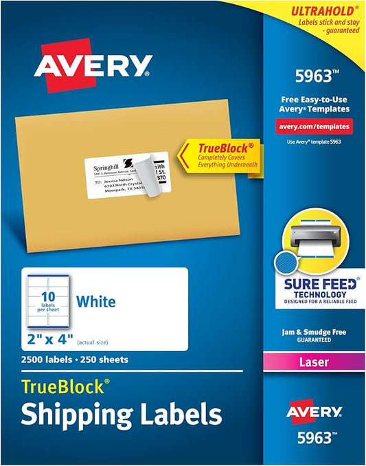 Avery Printable Shipping Labels with Sure Feed, 2" x 4" Customizable Stickers, White, 2,500 Blank Mailing Labels, Great for Mailing, Shipping, and More (5963)