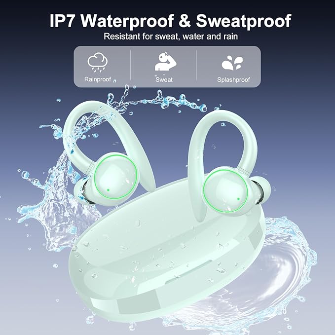 Wireless Earbuds, Bluetooth Ear Buds Sport, Stereo Deep Bass Over Ear Buds with Earhooks, In Ear Earphones with 4 ENC Noise Cancelling Mic, 48H LED Display Headphone for Running, IP7, Light Blue